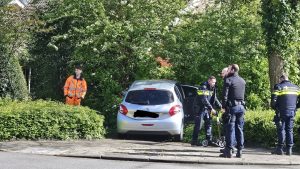 Auto ramt internetkast en rijdt bosjes in