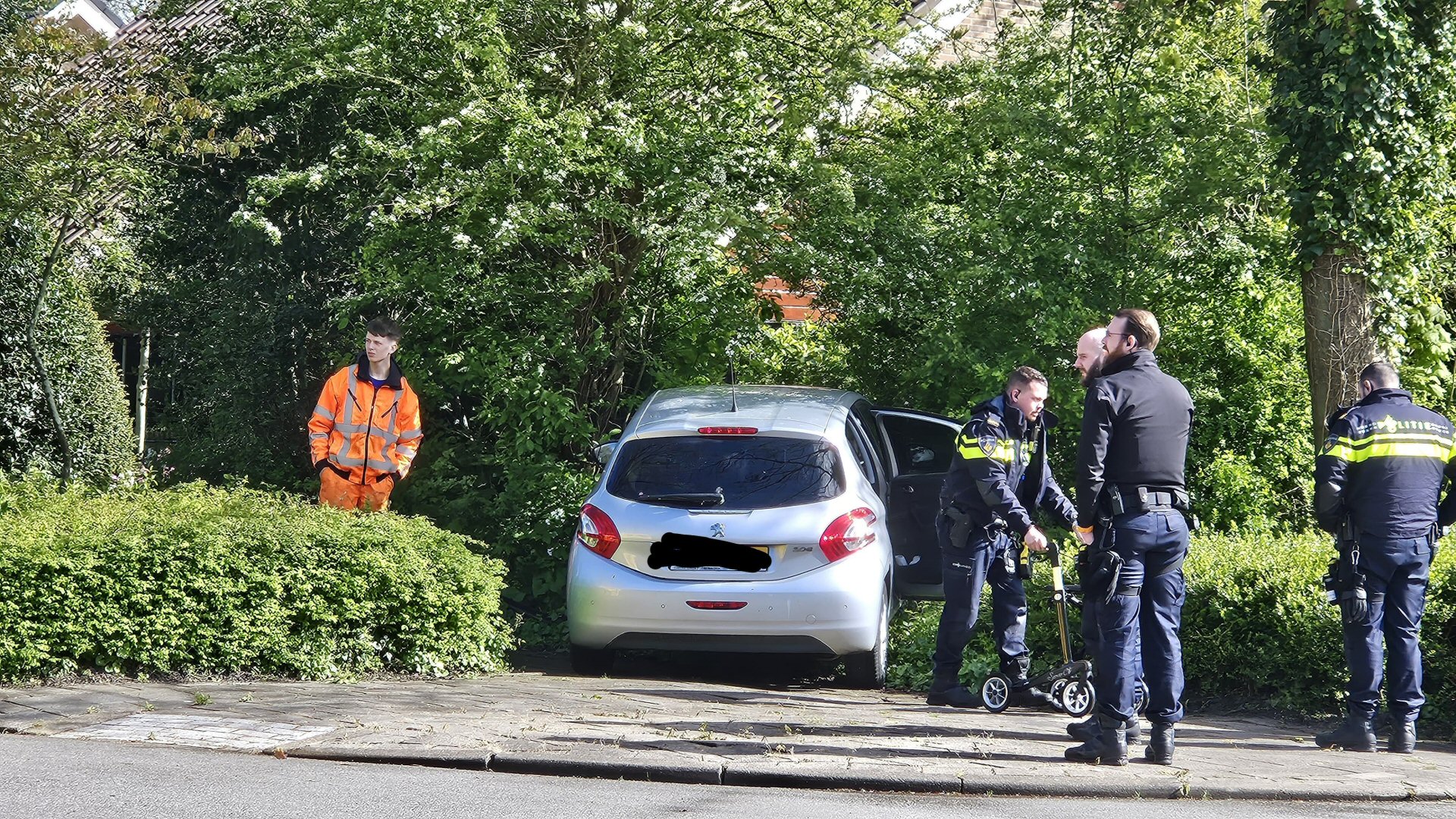 Auto ramt internetkast en rijdt bosjes in