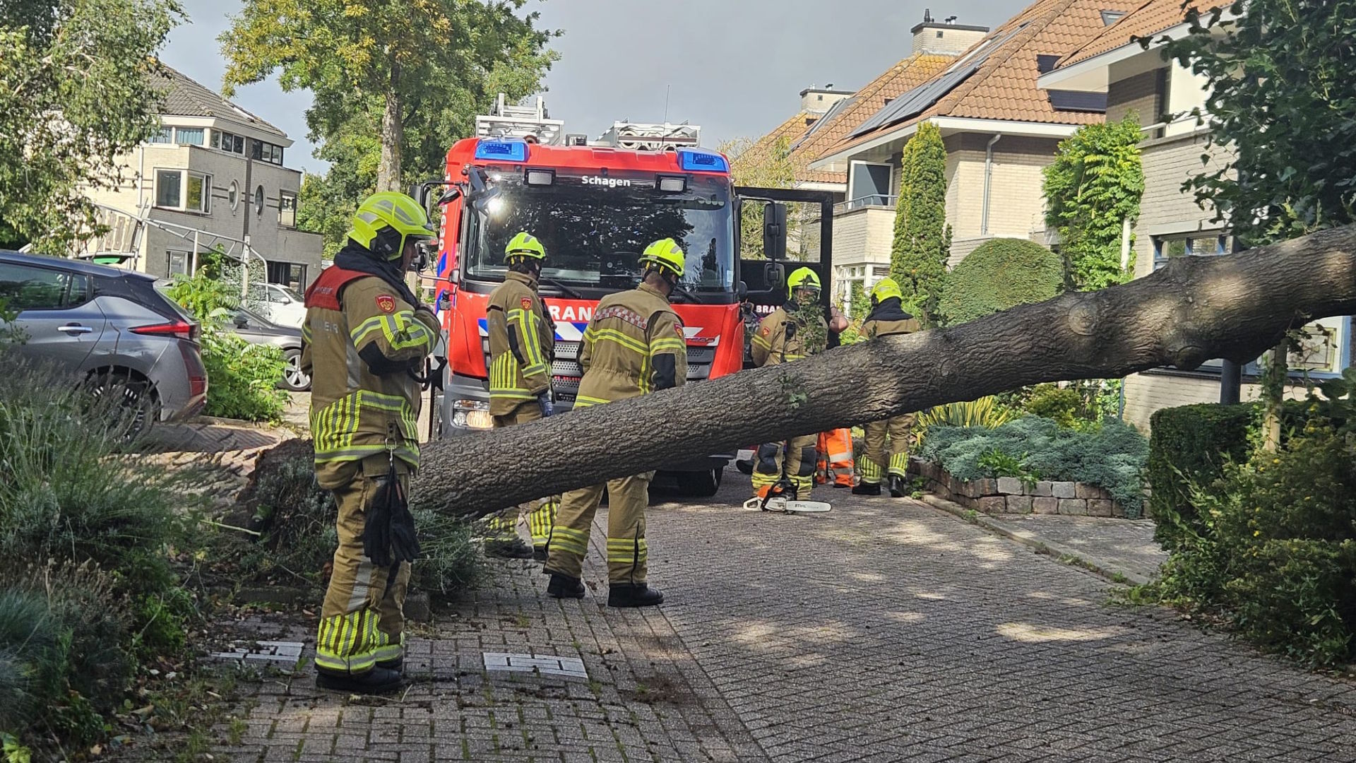 Boom waait om en valt op auto in Schagen